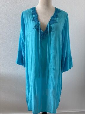 raya sun Turquoise Beaded V-Neck Swim Coverup